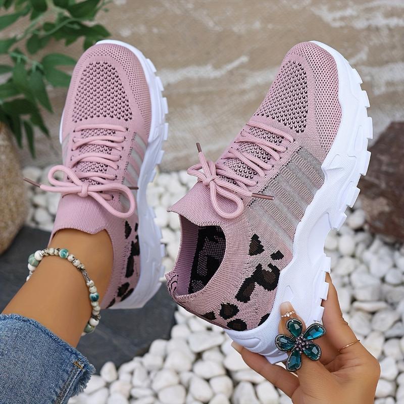 Women's Casual Sports Shoes, Flying Woven Leopard Print Breathable Lace-up Running Shoes, Comfortable Platform Shoes Plus Size