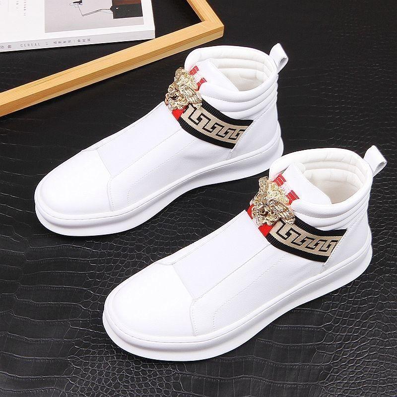 White High-Top Shoes Trendy Men's Embroidered Sneakers Platform Internet Celebrity Height Increasing Insole Men's Casual Shoes Mid-Top Men's Shoes White Shoes