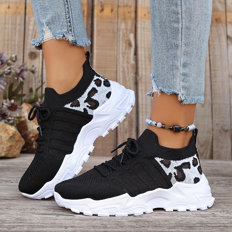 Women's Casual Sports Shoes, Flying Woven Leopard Print Breathable Lace-up Running Shoes, Comfortable Platform Shoes Plus Size