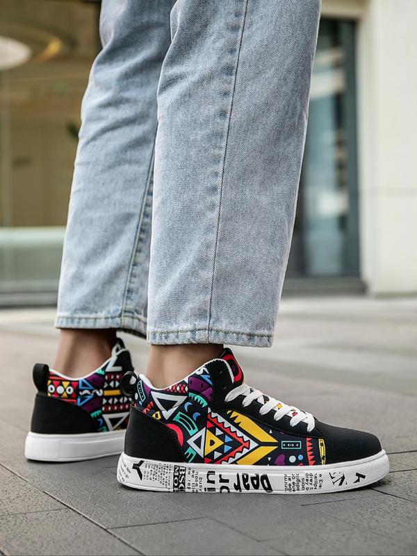 Men's Fashion Letter Geometric Print High Top Sneakers, Casual Comfortable Colorblock Sports Shoes for Outdoor Activities, Male All-match Round Toe Shoes for Daily Wear