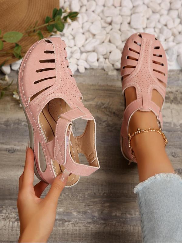 Women's Fashionable Hollow Out Design Velcro Sandals, Casual Comfortable Wedge Sandals for Summer, Female All-match Round Toe Shoes for Daily Wear