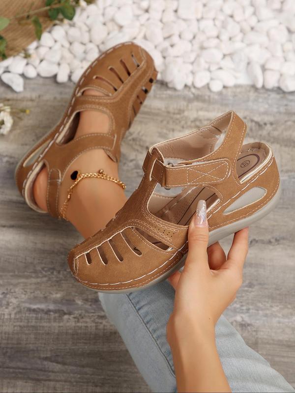 Women's Fashionable Hollow Out Design Velcro Sandals, Casual Comfortable Wedge Sandals for Summer, Female All-match Round Toe Shoes for Daily Wear