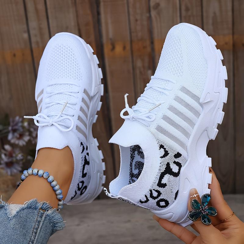 Women's Casual Sports Shoes, Flying Woven Leopard Print Breathable Lace-up Running Shoes, Comfortable Platform Shoes Plus Size