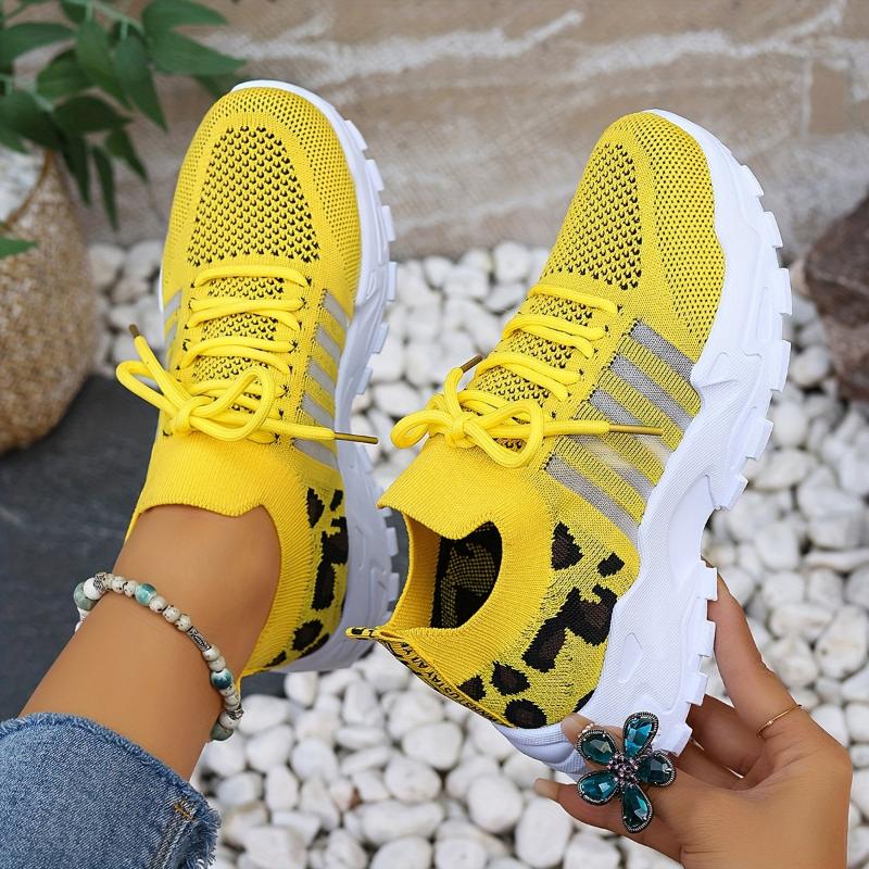 Women's Casual Sports Shoes, Flying Woven Leopard Print Breathable Lace-up Running Shoes, Comfortable Platform Shoes Plus Size