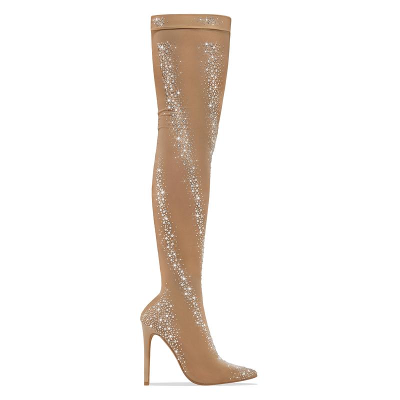 Bombshell Over The Knee Embellished Boots - Nude