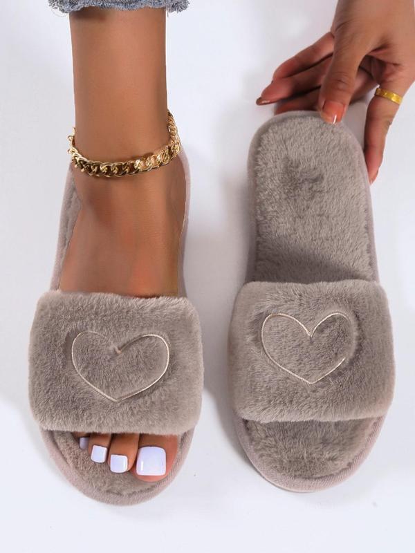 Women's Heart Embroidered Fuzzy Fluffy Slippers, Casual Soft Plush Bedroom Cozy Sandals, Cute Warm Slippers for Fall & Winter, Useful Birthday Gift for Gift