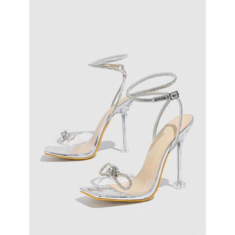 Women's Silver High Heel Sandals With Open Toe, Rhinestone Buckle Strap, Bow Knot, And Transparent Heel, Breathable And Sexy For Summer