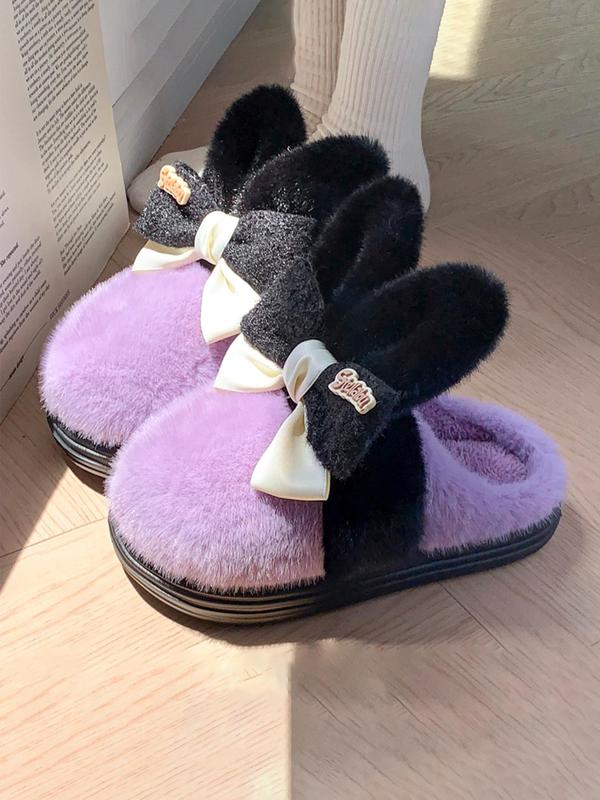 Women's Colorblock Bow Decor Plush Slippers, Casual Soft Comfortable Home Slippers for Fall & Winter, Fluffy Fall & Winter House Shoes for Indoor and Outdoor