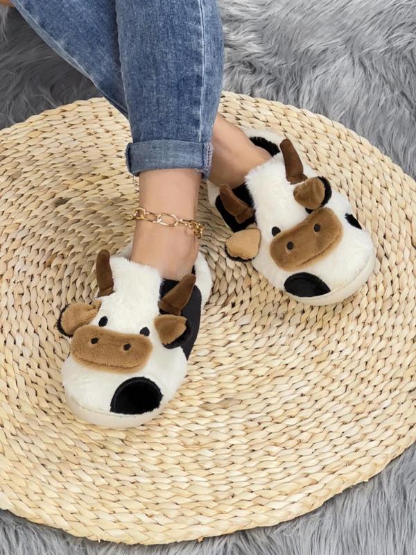 Women's 2024 Cute Cow Design Plush Slippers, Warm Bedroom Slippers for Winter, Silent Anti-slip Slippers for Daily Used, Girl's Walking Shoes, Footwear