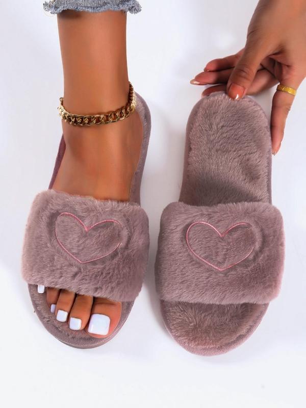 Women's Heart Embroidered Fuzzy Fluffy Slippers, Casual Soft Plush Bedroom Cozy Sandals, Cute Warm Slippers for Fall & Winter, Useful Birthday Gift for Gift