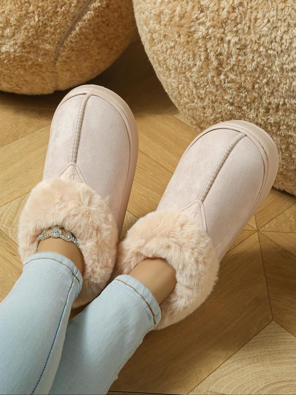 Women's Solid Color Fluffy Plush Boots, Casual Soft Comfortable Thick Soled Home Slippers, Warm Shoes for Indoor & Outdoor Use for Winter Footwear for Girl