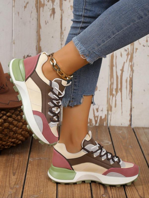 Women's Sporty Colorblock Platform Sneakers, Trendy Lace Up Low Top Sneakers Chunky Shoes, Chic Soft Chunky Shoes for Summer Daily Wear