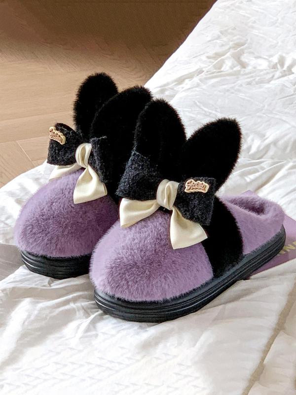 Women's Colorblock Bow Decor Plush Slippers, Casual Soft Comfortable Home Slippers for Fall & Winter, Fluffy Fall & Winter House Shoes for Indoor and Outdoor