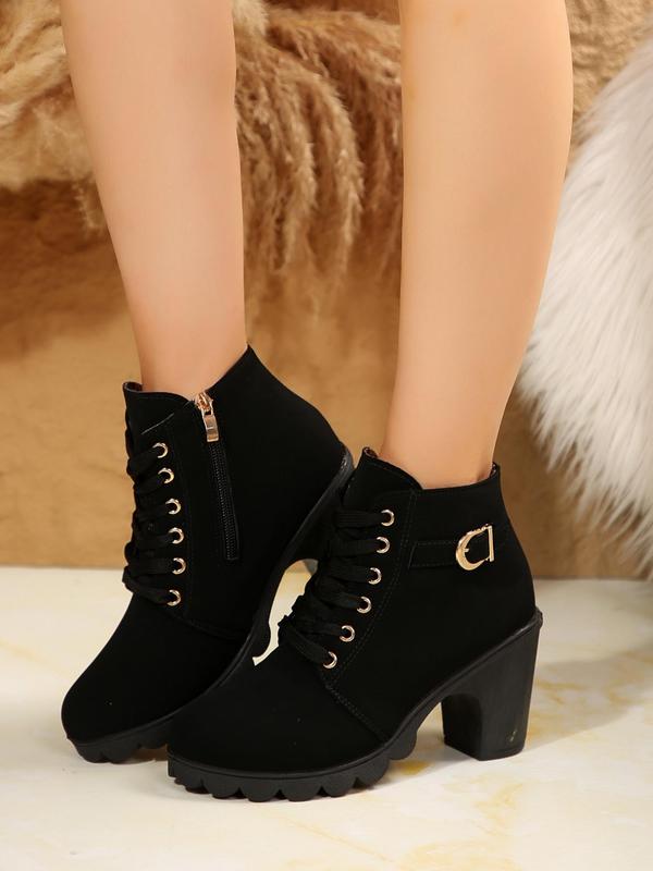 Women's Fashionable Solid Color Lace Up Ankle Boots, Casual Comfortable Round Toe Boots for Fall & Winter, Female All-match Trendy Shoes for Daily Wear