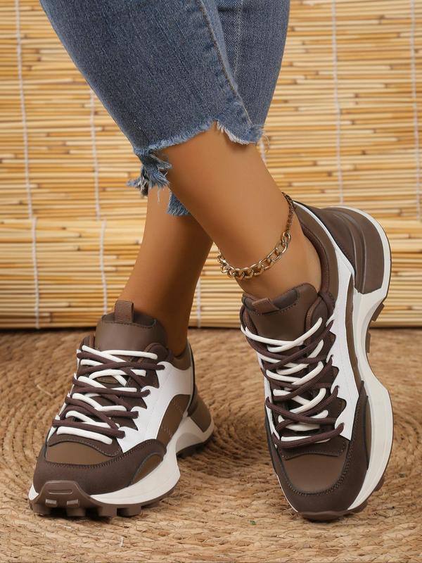 Women's Sporty Colorblock Platform Sneakers, Trendy Lace Up Low Top Sneakers Chunky Shoes, Chic Soft Chunky Shoes for Summer Daily Wear