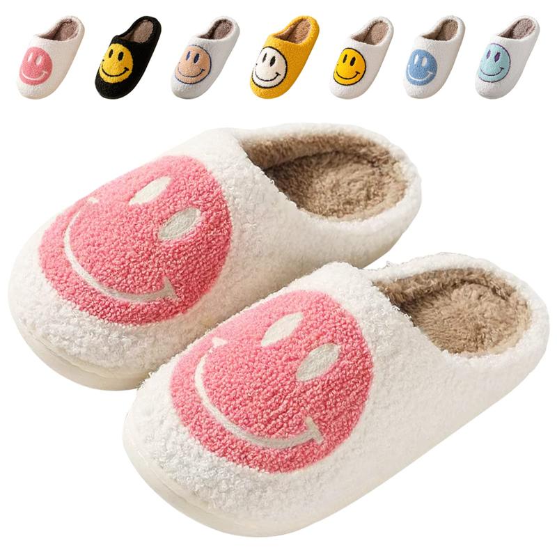 Cute Smile Face Slippers, Cozy Closed Toe Plush Lined Flat Shoes, Winter Warm Indoor Slippers