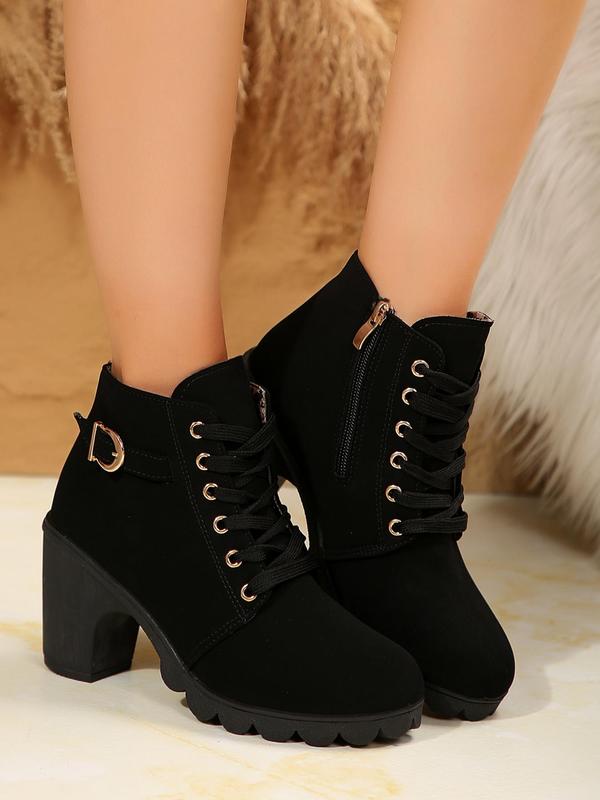 Women's Fashionable Solid Color Lace Up Ankle Boots, Casual Comfortable Round Toe Boots for Fall & Winter, Female All-match Trendy Shoes for Daily Wear