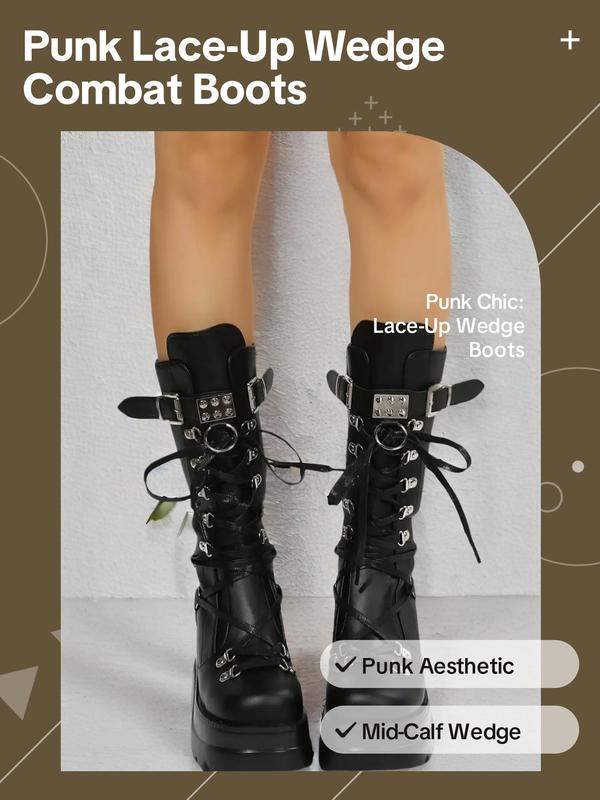 Women's Punk Style Lace Up High Heel Wedge Boots, Fashionable Combat Boots for Daily Wear, Female All-match Trend Shoes for Fall & Winter