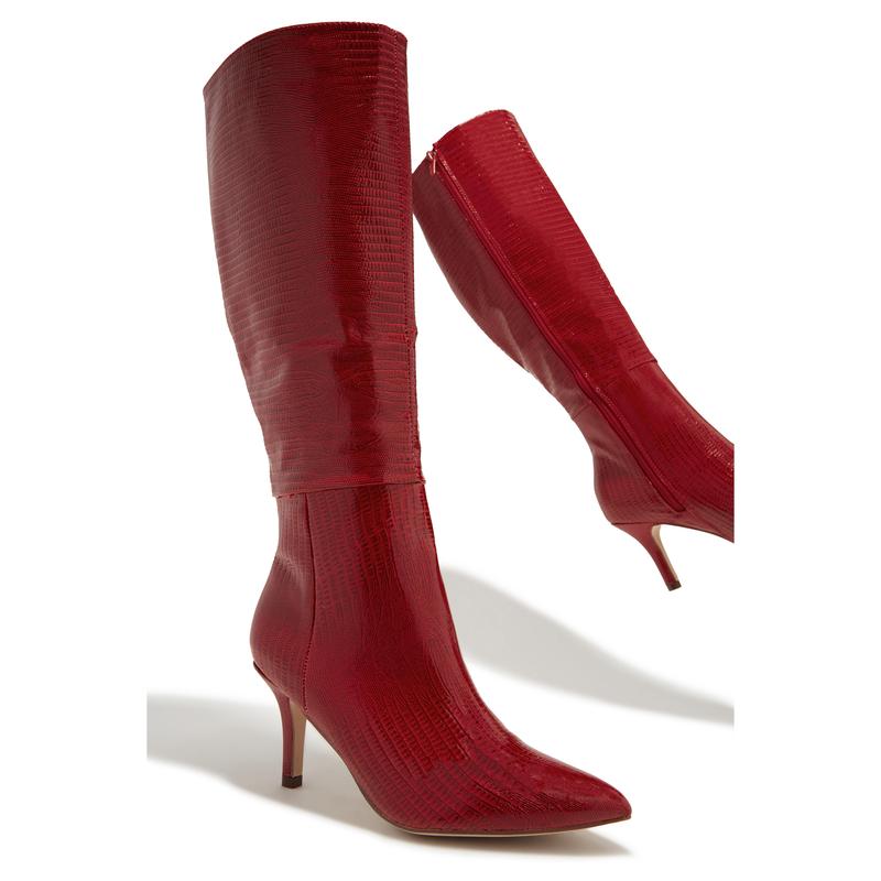 Sarai Knee High Heel Boots - Cherry