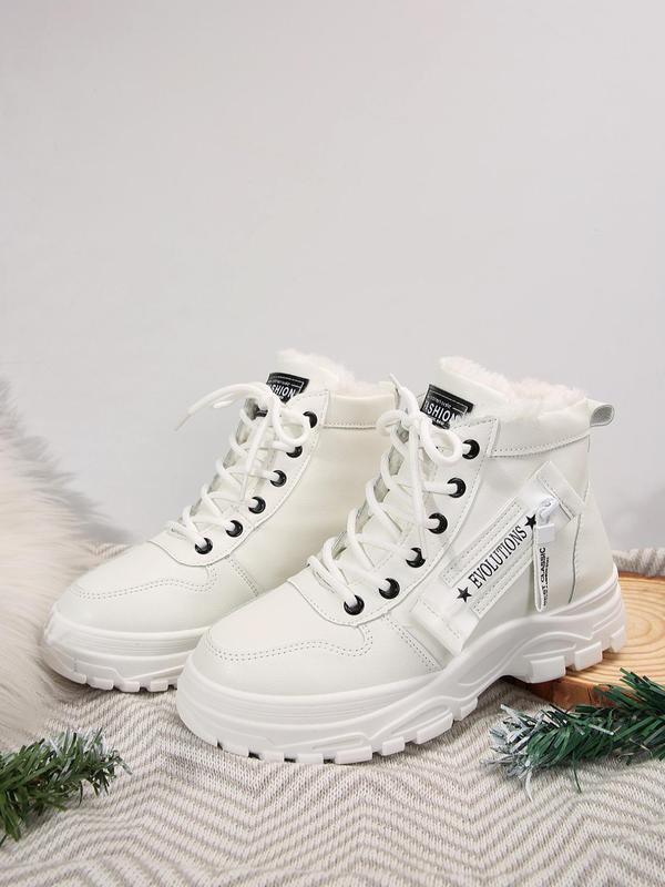 Women's Minimalist Letter & Star Pattern Lace Up Snow Boots, Casual Comfortable Ankle Boots for Winter, Female All-match Round Toe Shoes for Daily Wear