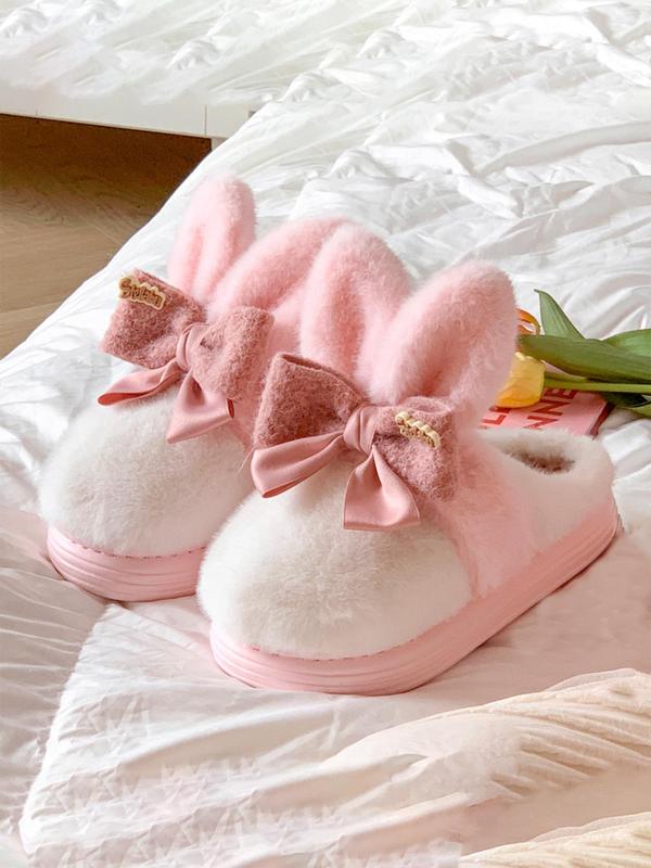 Women's Colorblock Bow Decor Plush Slippers, Casual Soft Comfortable Home Slippers for Fall & Winter, Fluffy Fall & Winter House Shoes for Indoor and Outdoor