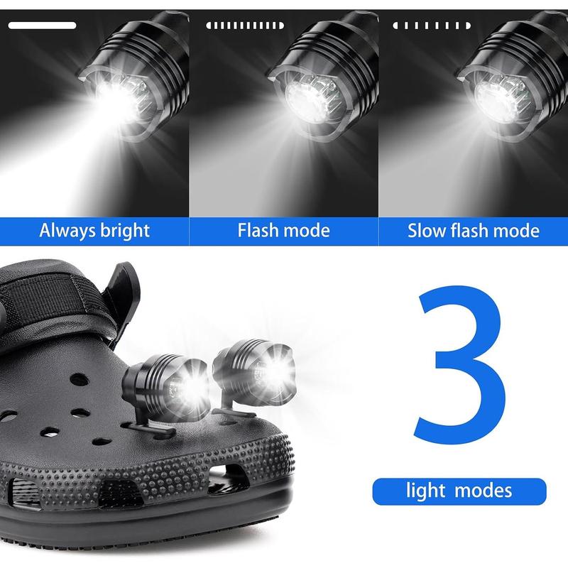 Headlights for Croc - 4pcs LED Croc Lights for Shoes Croc Charm Accessories, IP68 Waterproof for Adults and Kids - Hiking, Walking Dog and Camping Gear Essentials Black Footwear Comfort