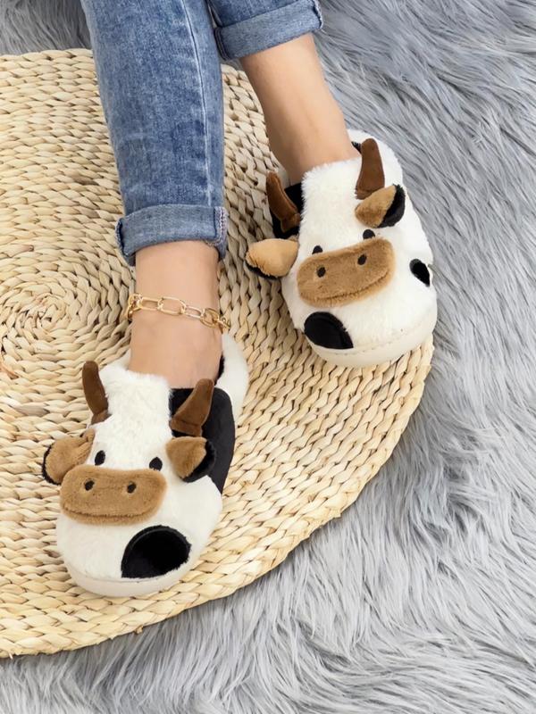 Women's 2024 Cute Cow Design Plush Slippers, Warm Bedroom Slippers for Winter, Silent Anti-slip Slippers for Daily Used, Girl's Walking Shoes, Footwear