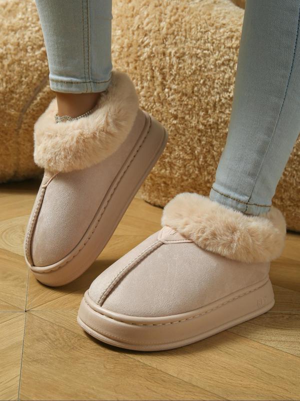 Women's Solid Color Fluffy Plush Boots, Casual Soft Comfortable Thick Soled Home Slippers, Warm Shoes for Indoor & Outdoor Use for Winter Footwear for Girl