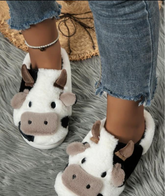 2024 New Arrival Cute Fluffy Novelty CowSlippers, Matching Soft Plush Fuzzy WarmHouse Slippers for Women,Cozy BedroomSlippers for Back To School As Gift,Designer Slides warm slipper winter indoor warm bedroom Walking Shoes Footwear Girl Flipflop Shoe