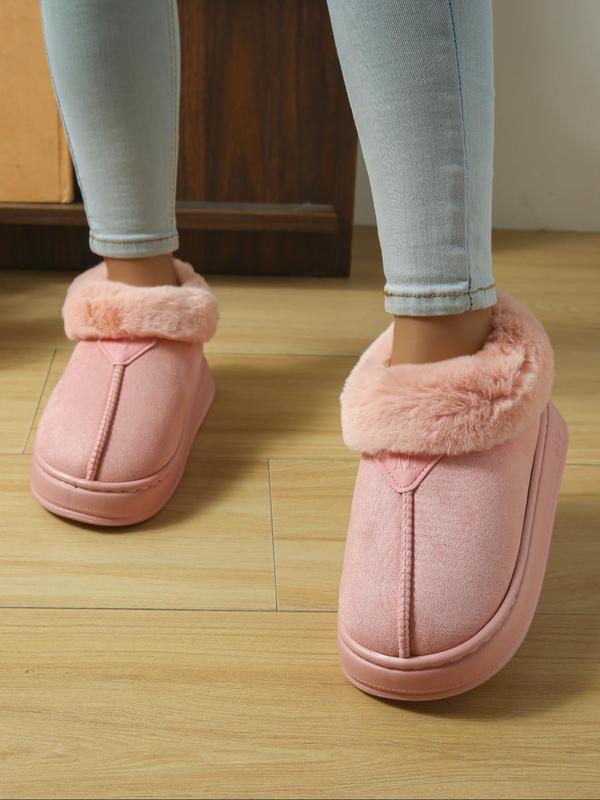 Women's Solid Color Fluffy Plush Boots, Casual Soft Comfortable Thick Soled Home Slippers, Warm Shoes for Indoor & Outdoor Use for Winter Footwear for Girl