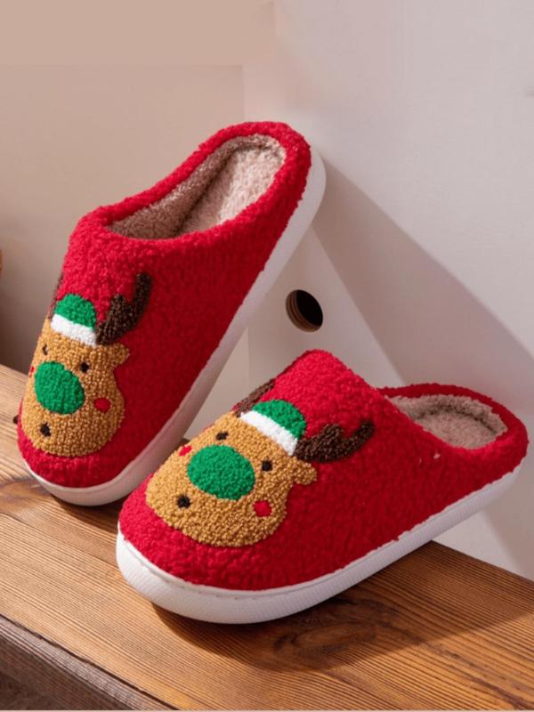 Women's Cute Cartoon Reindeer Pattern Plush Slippers, Casual Soft Comfortable Christmas Themed Home Slippers, Warm Slippers for Indoor & Outdoor Use for All Seasons