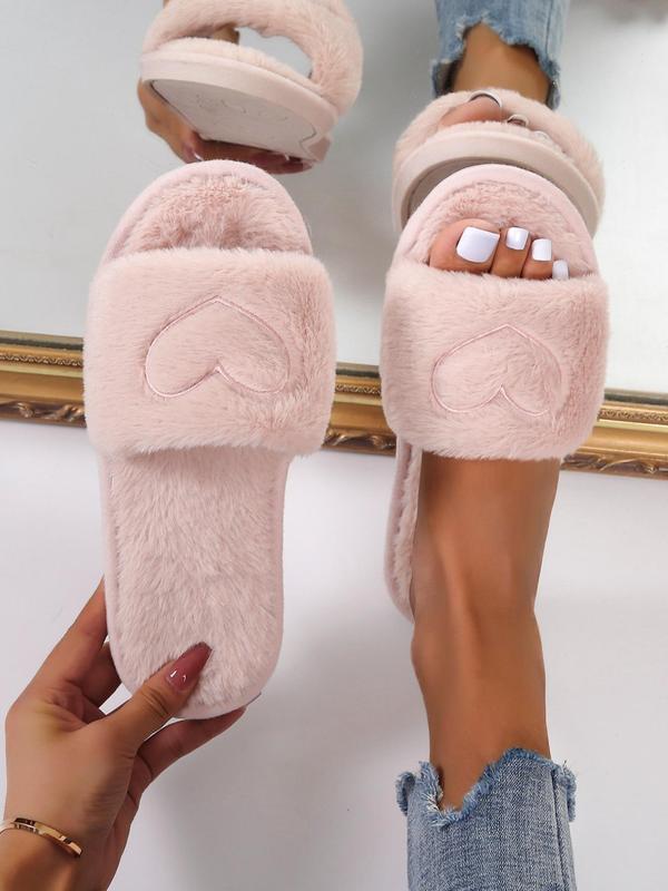 Women's Heart Embroidered Fuzzy Fluffy Slippers, Casual Soft Plush Bedroom Cozy Sandals, Cute Warm Slippers for Fall & Winter, Useful Birthday Gift for Gift