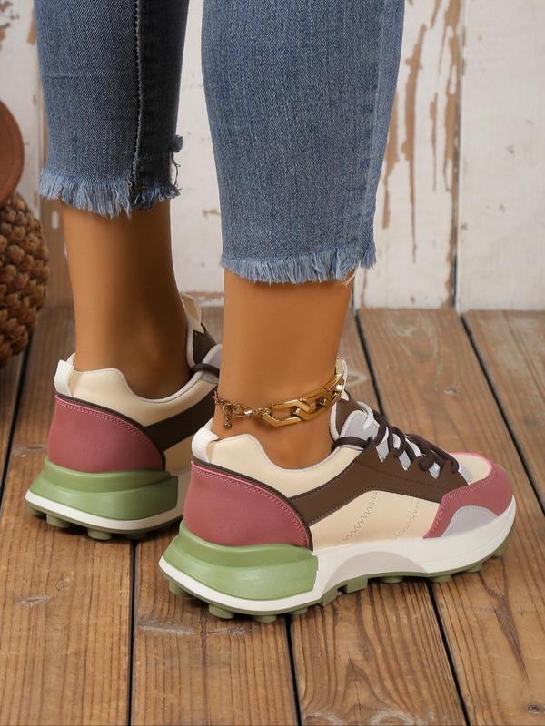 Women's Sporty Colorblock Platform Sneakers, Trendy Lace Up Low Top Sneakers Chunky Shoes, Chic Soft Chunky Shoes for Summer Daily Wear