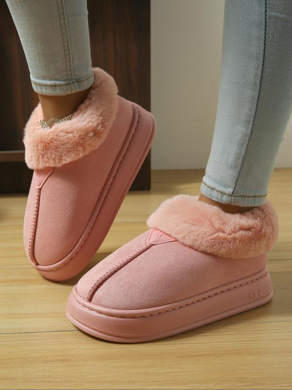 Women's Solid Color Fluffy Plush Boots, Casual Soft Comfortable Thick Soled Home Slippers, Warm Shoes for Indoor & Outdoor Use for Winter Footwear for Girl