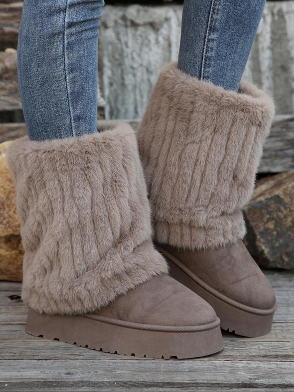 Women's Solid Color Fluffy Lined Snow Boots, Casual Warm Thick Sole Boots for Fall & Winter, Female All-match Trendy Shoes for Daily Wear