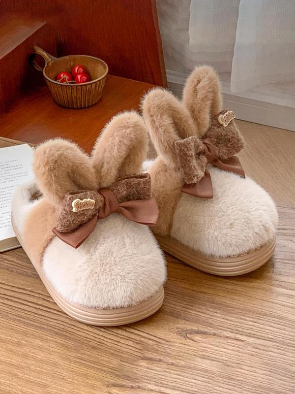 Women's Colorblock Bow Decor Plush Slippers, Casual Soft Comfortable Home Slippers for Fall & Winter, Fluffy Fall & Winter House Shoes for Indoor and Outdoor