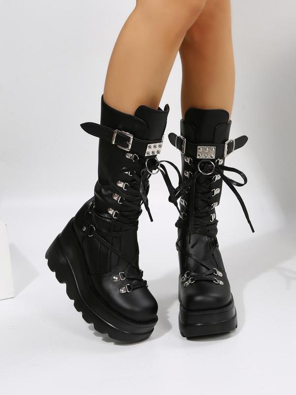 Women's Punk Style Lace Up High Heel Wedge Boots, Fashionable Combat Boots for Daily Wear, Female All-match Trend Shoes for Fall & Winter