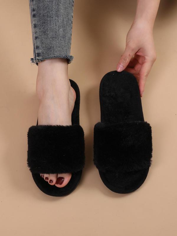 Women's Simple Style Plain Color Bedroom Slippers, Fashionable Soft Warm Slippers with Open Toe Design, Casual Trendy Fluffy Slippers As Gift