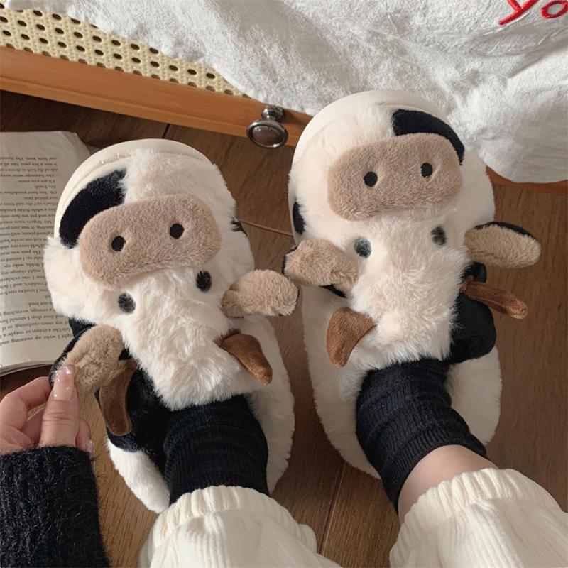 XIXITIAO Cute Fluffy Cow Slippers for Women Men,Cartoon Animal Cotton Plush Home Shoes, Fall & Winter Cozy Warm Bedroom Household Slides Indoor and Outdoor, Designer Slides