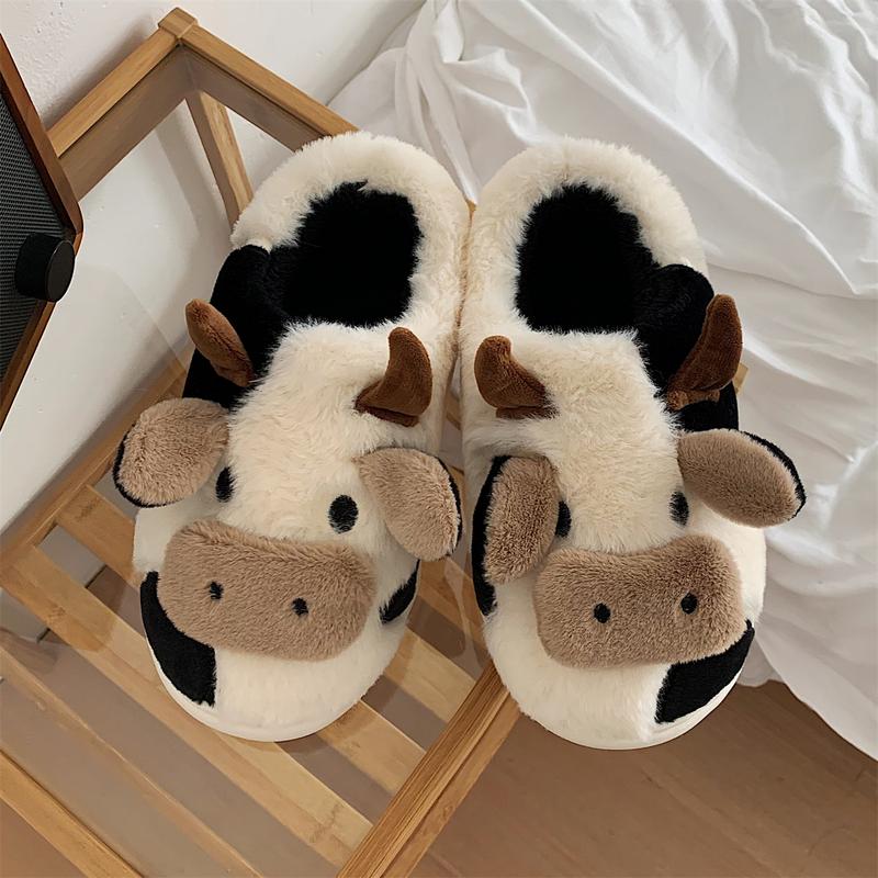 XIXITIAO Cute Fluffy Cow Slippers for Women Men,Cartoon Animal Cotton Plush Home Shoes, Fall & Winter Cozy Warm Bedroom Household Slides Indoor and Outdoor, Designer Slides