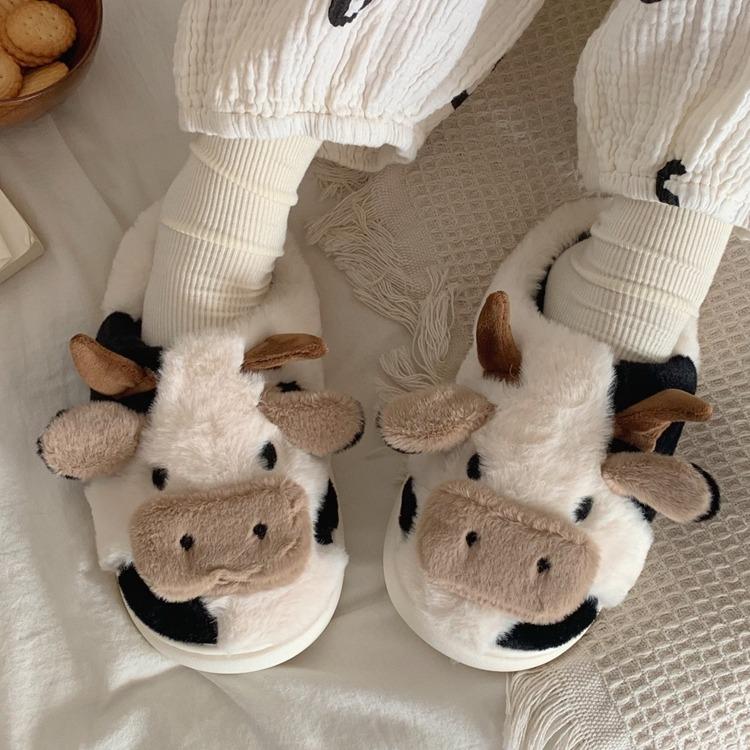 XIXITIAO Cute Fluffy Cow Slippers for Women Men,Cartoon Animal Cotton Plush Home Shoes, Fall & Winter Cozy Warm Bedroom Household Slides Indoor and Outdoor, Designer Slides