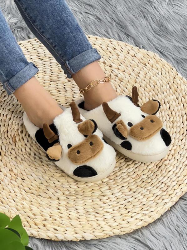 Women's 2024 Cute Cow Design Plush Slippers, Warm Bedroom Slippers for Winter, Silent Anti-slip Slippers for Daily Used, Girl's Walking Shoes, Footwear