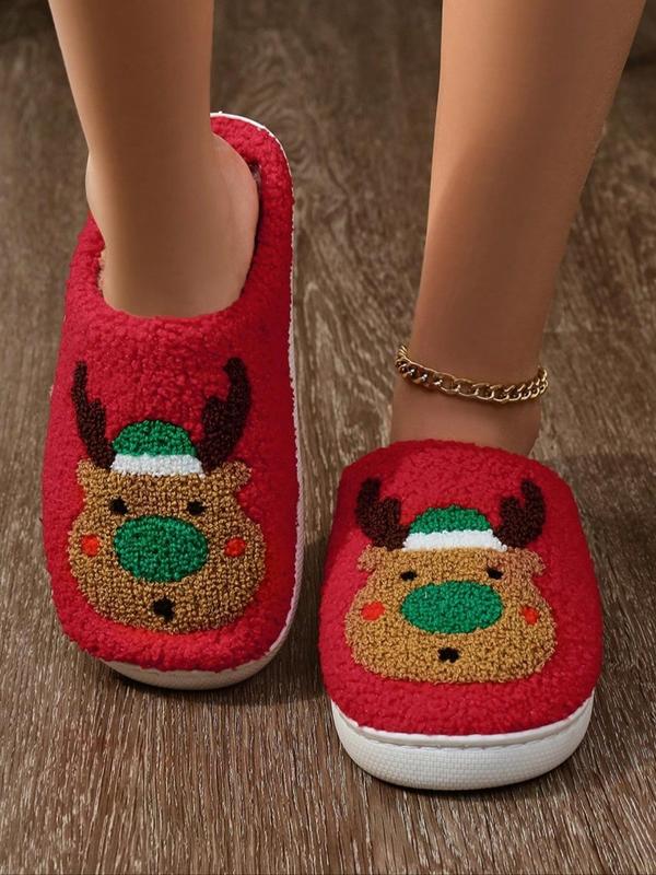 Women's Cute Cartoon Reindeer Pattern Plush Slippers, Casual Soft Comfortable Christmas Themed Home Slippers, Warm Slippers for Indoor & Outdoor Use for All Seasons