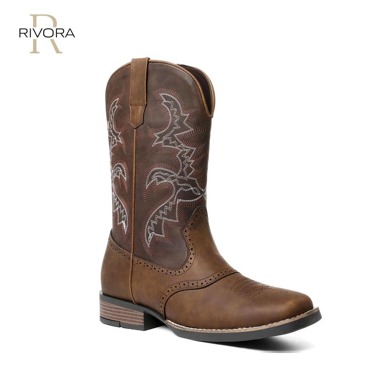 Rivora Men’s Cowboy Boots Embroidered Mid Calf Square Toe Chunky Block Heels Durable and Fashionable Western Cowboys Dance Boots