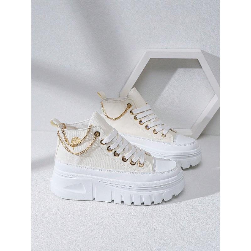 [Quick Delivery]2024 New Classy Aesthetic Women Beige High Top Canvas Shoes With Gold Chain Platform Shoes Height Increasing Casual Sport Shoes Ladies Sneakers Beige Shoes For Women With Gold Rose Embroidery Vacation Outfits