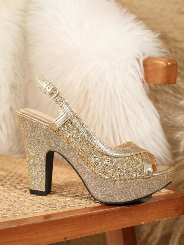 Women's Fashionable Glitter Decor High Heel Sandals, Elegant Round Toe Heeled Sandals for Party, Daily Clothing Decor for Women & Girls