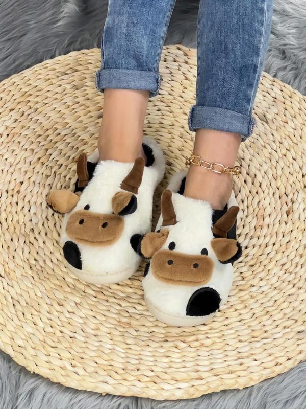 Women's 2024 Cute Cow Design Plush Slippers, Warm Bedroom Slippers for Winter, Silent Anti-slip Slippers for Daily Used, Girl's Walking Shoes, Footwear