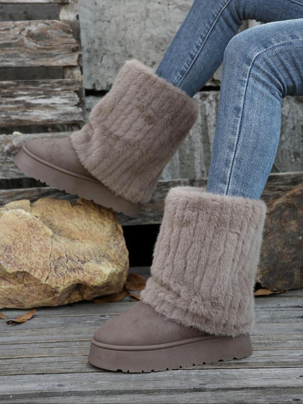 Women's Solid Color Fluffy Lined Snow Boots, Casual Warm Thick Sole Boots for Fall & Winter, Female All-match Trendy Shoes for Daily Wear