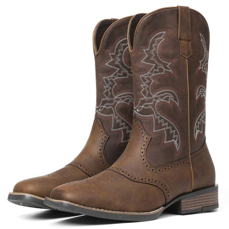 Rivora Men’s Cowboy Boots Embroidered Mid Calf Square Toe Chunky Block Heels Durable and Fashionable Western Cowboys Dance Boots