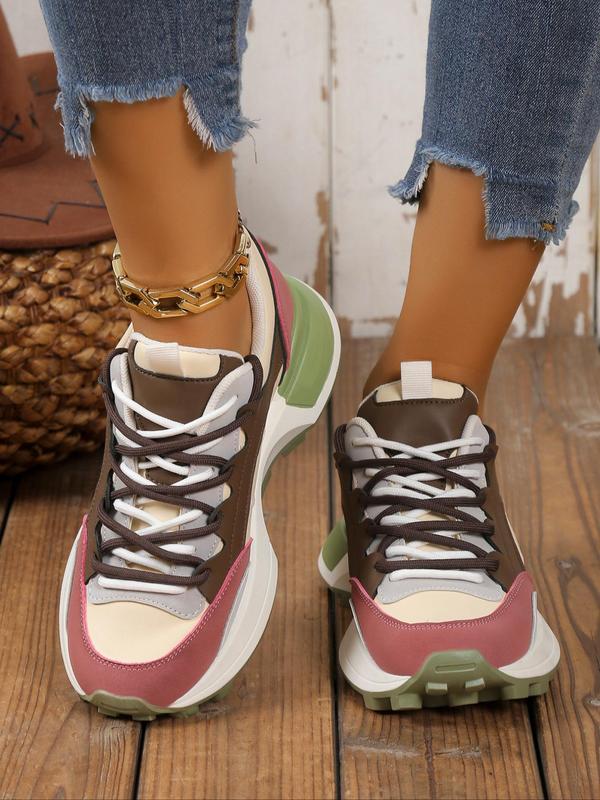 Women's Sporty Colorblock Platform Sneakers, Trendy Lace Up Low Top Sneakers Chunky Shoes, Chic Soft Chunky Shoes for Summer Daily Wear